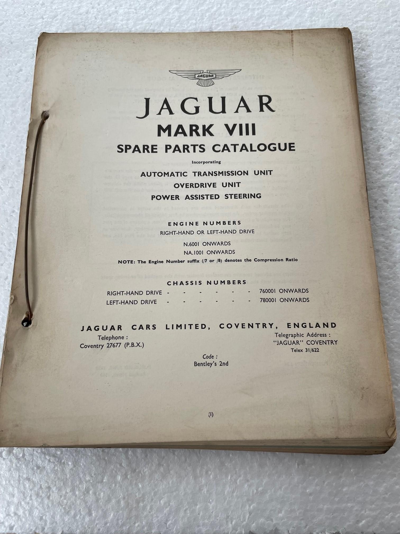 RARE ORIGINAL 1958 JAGUAR MARK VIII SPARE PARTS CATALOGUE J.24