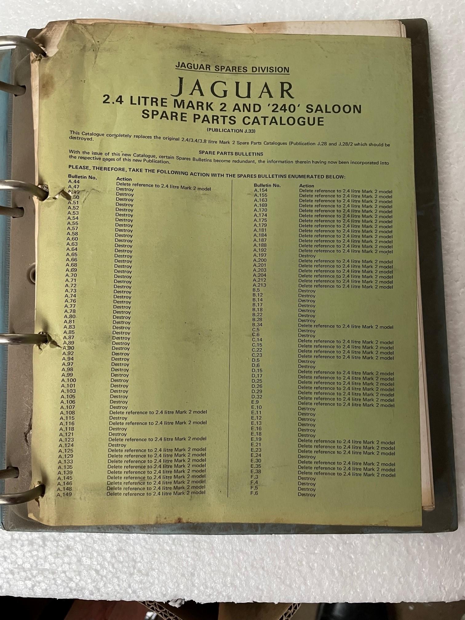 ORIGINAL 1969 JAGUAR MARK 2 2.4 & 240 SPARE PARTS CATALOGUE J33