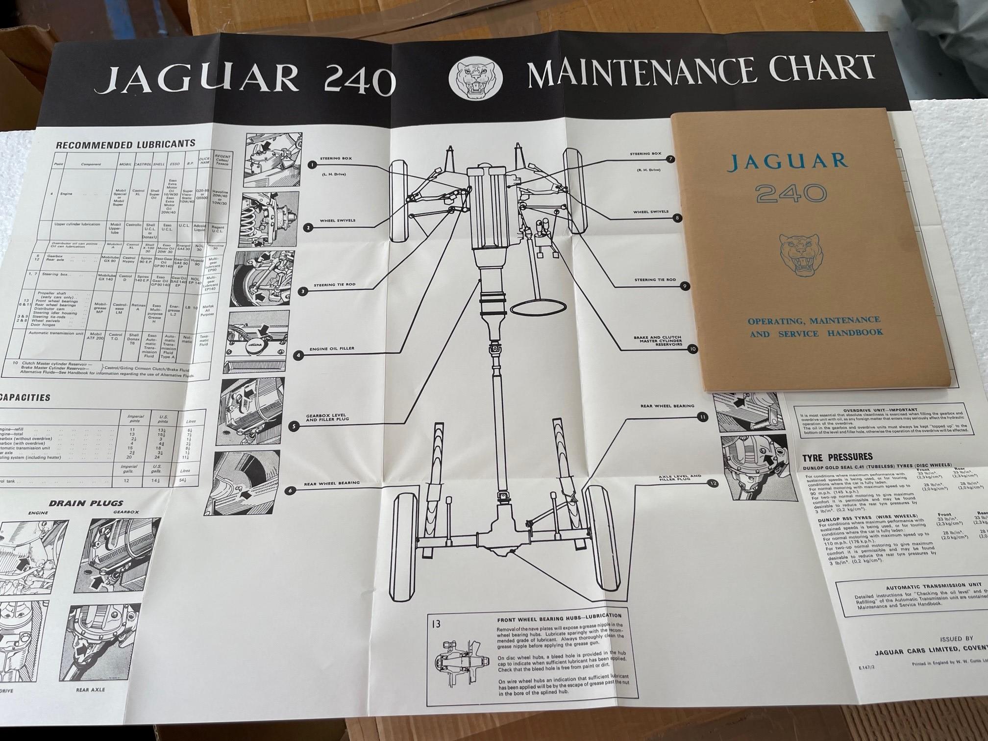 RARE ORIGINAL JAGUAR 240 MAINTENANCE & SERVICE HANDBOOK & CHART