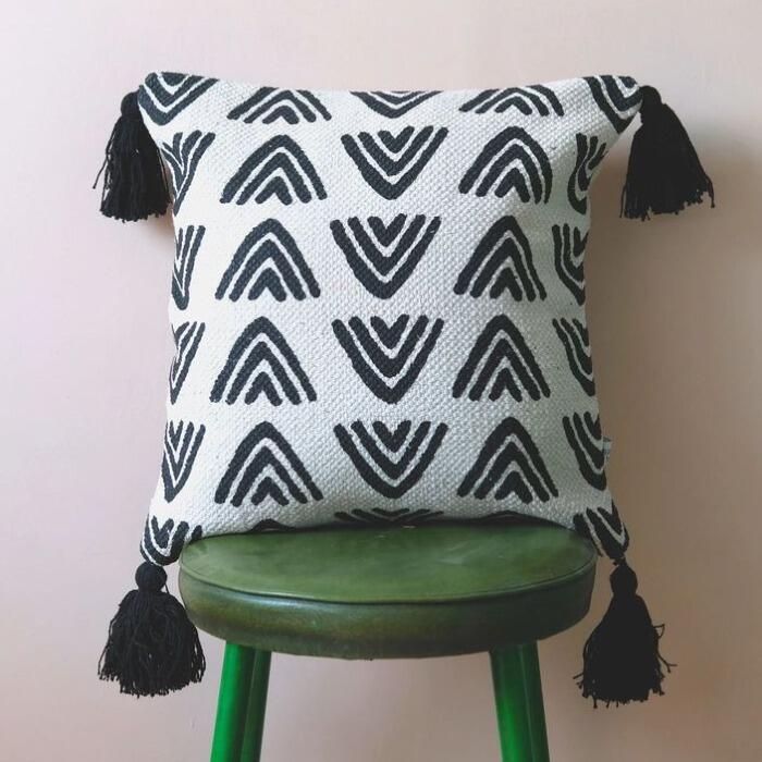 Monochrome Triangles Block Print Cushion at Albert & Moo