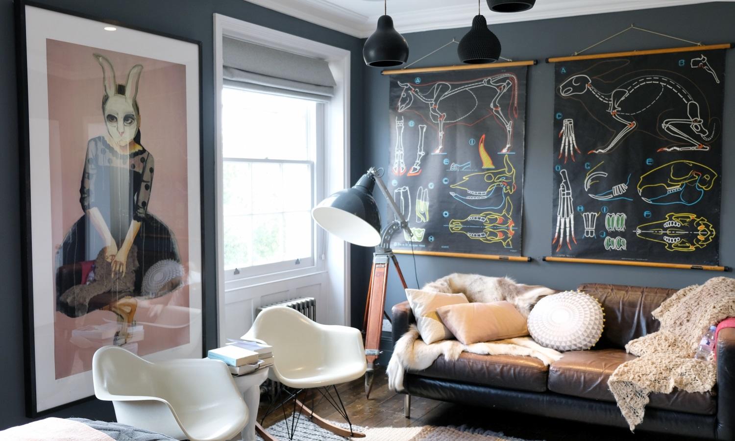 Gorgeous grey and pink bedroom with vintage furniture and artwork in De Beauvoir Townhouse for Living Etc.