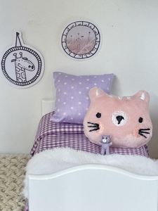 miniature dollhouse bedding set - purple cat