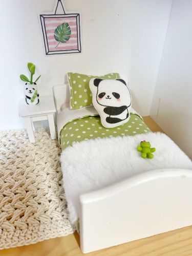 miniature green panda dollhouse bedding