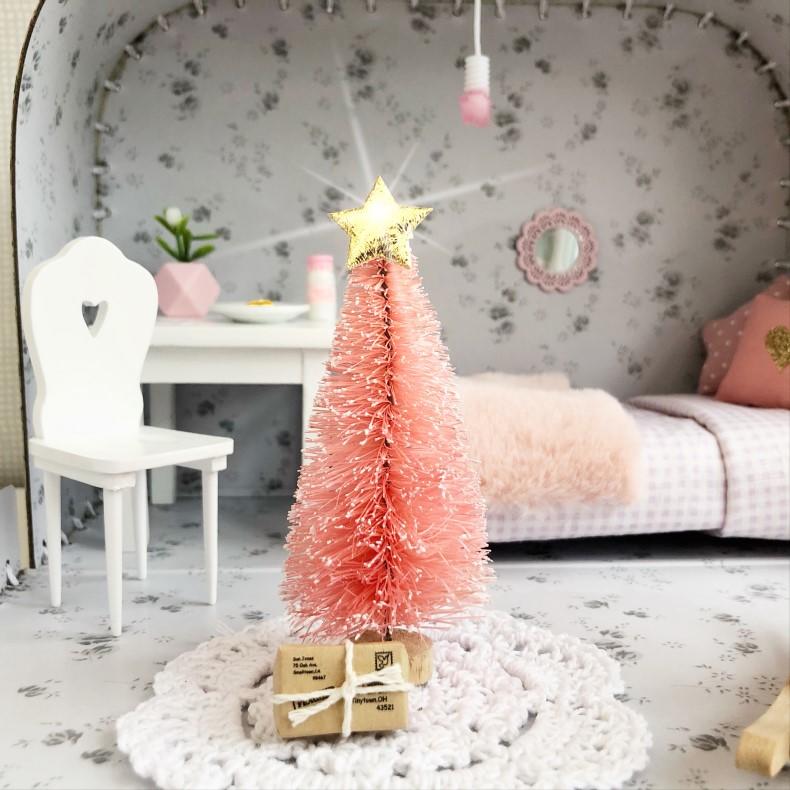 mini pink christmas tree, miniature christmas tree, dollhouse christmas