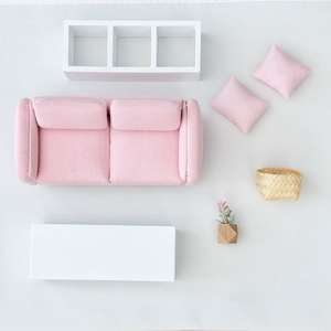 dollhouse living room package, dollhouse sofa, modern dollhouse, pink dollhouse sofa