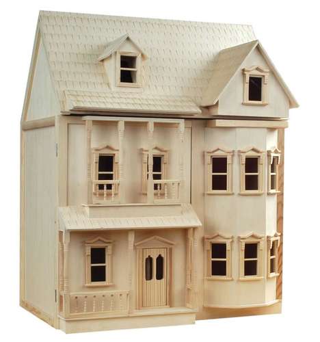 modern dollhouse, boho dollhouse, bare wood dollhouse
