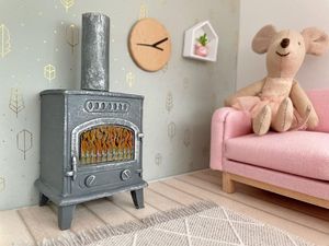 modern dollhouse wood burning stove, miniature fireplace for dollhouse