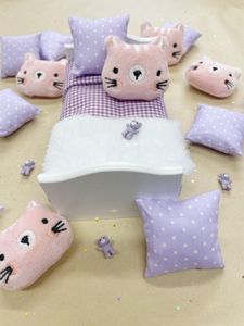 miniature dollhouse bedding set - purple cat