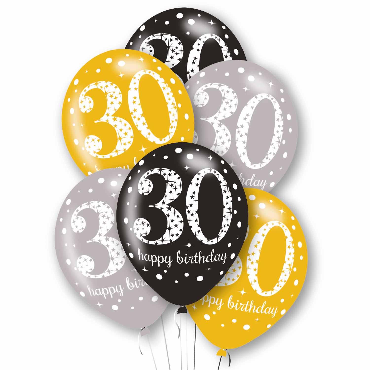 Latex Balloons Age 30 Black, Gold & Silver