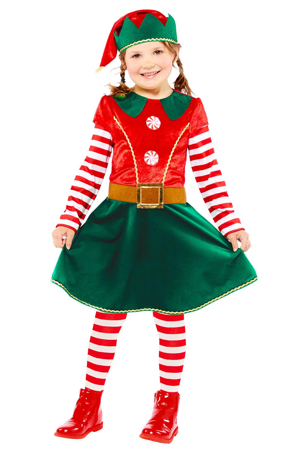 Kids Elf Girl Costume, Red & Green