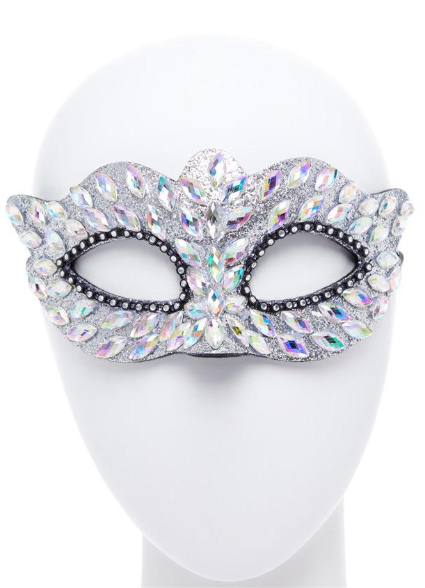 Silver Masquerade Eye Mask with Gems & Rhinestones