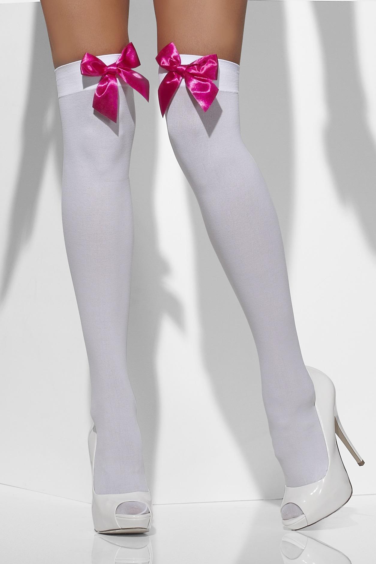 Opaque Hold-Ups White with Pink Bows