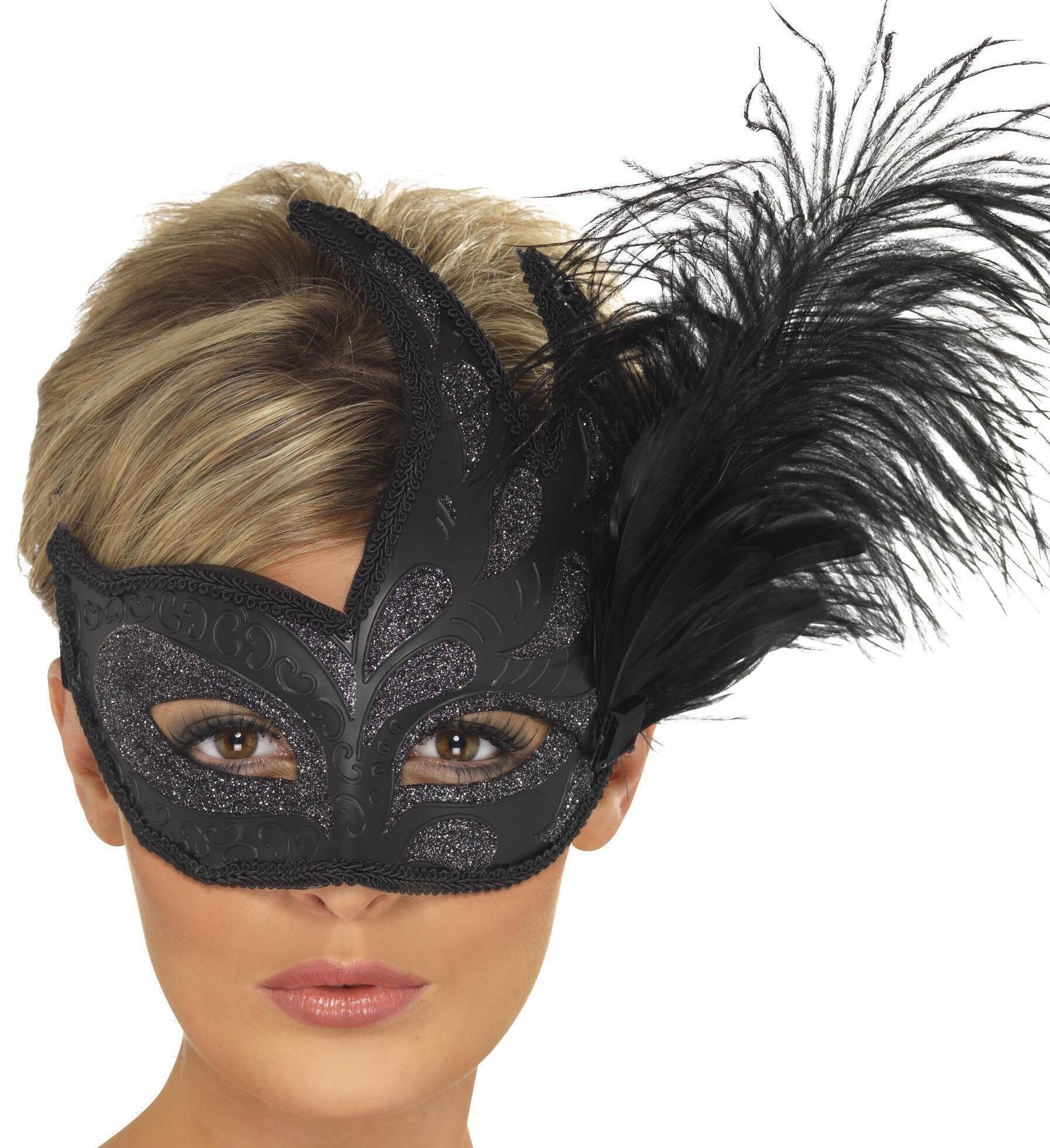 Ornate Colombina Feather Eye Mask Black