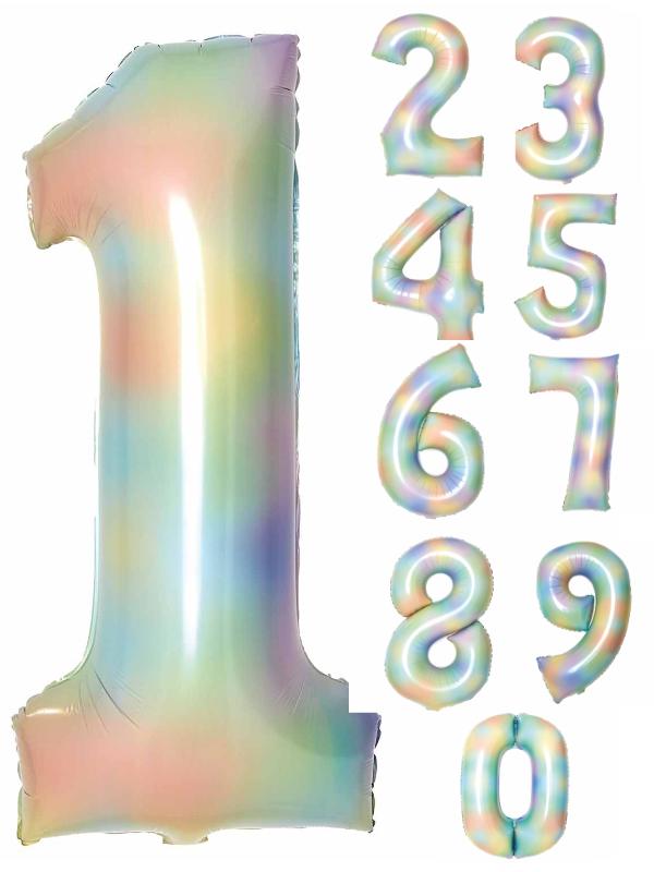 34 Inch Foil Number Balloon Pastel Rainbow & Weight
