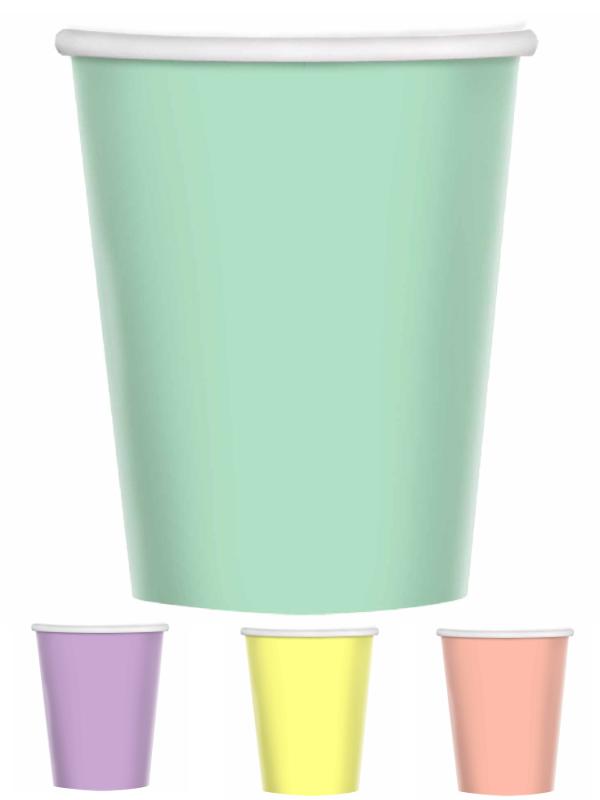 Mixed colour pastel paper cups, 250ml, pack of 8