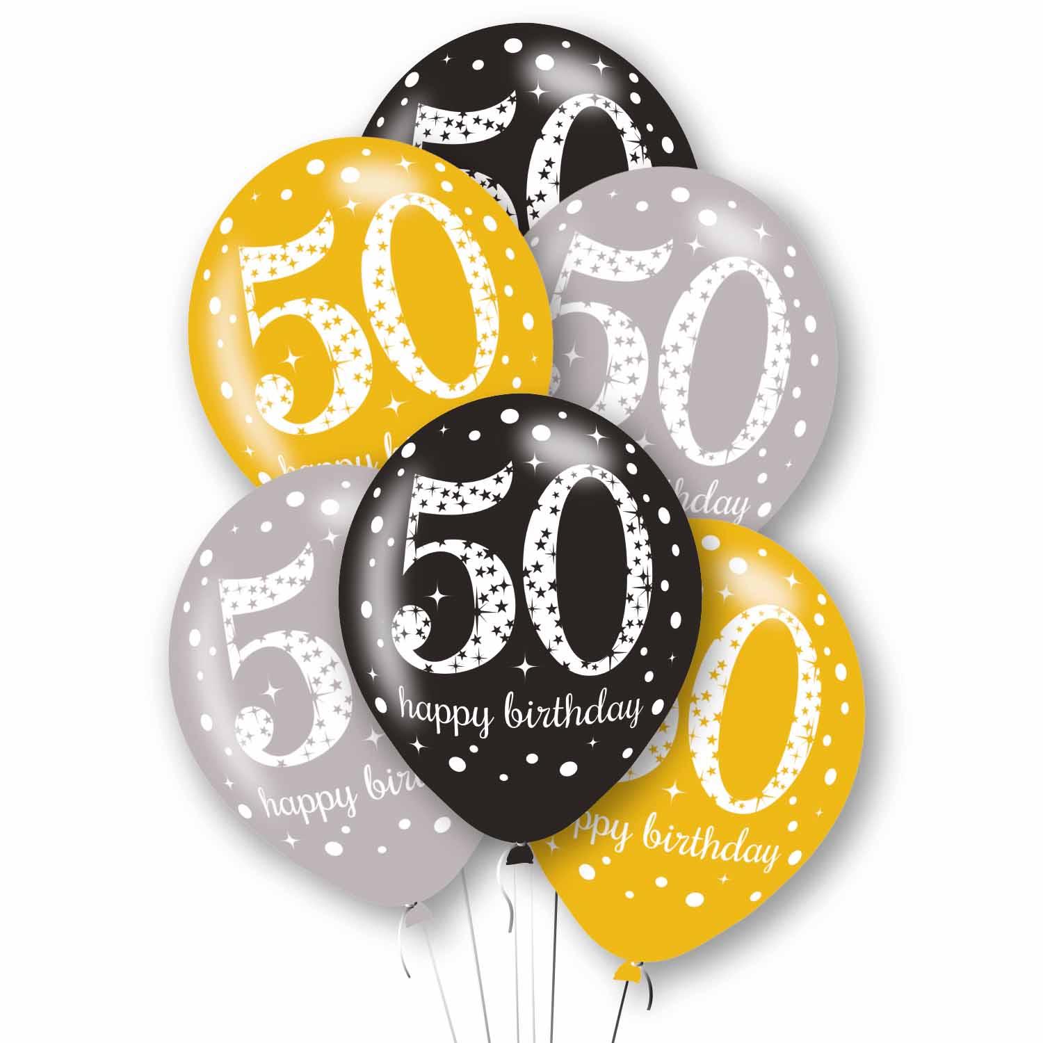 Latex Balloons Age 50 Black, Gold & Silver