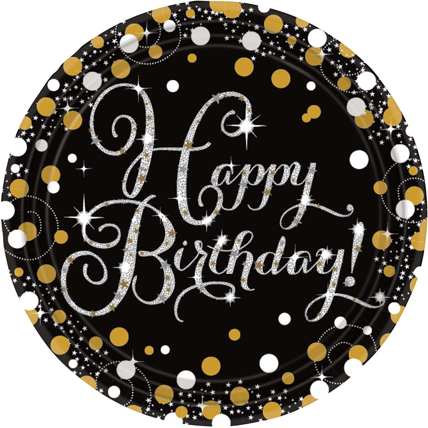 Paper Plates Happy Birthday Black Gold Silver