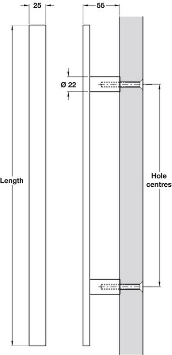 Pull Handle, Bolt Through Fixing, 316 Stainless Steel, Flat Section