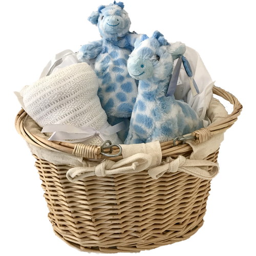 Two Cute Giraffes Baby Gift set with basket and baby clothes (Blue)