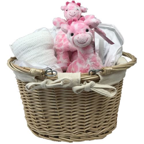 Two Cute Giraffes Baby Gift basket with clothing set (Pink)