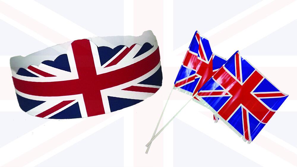 Union Jack Crown & Hand Flag Packs (100 crowns and 100 flags)