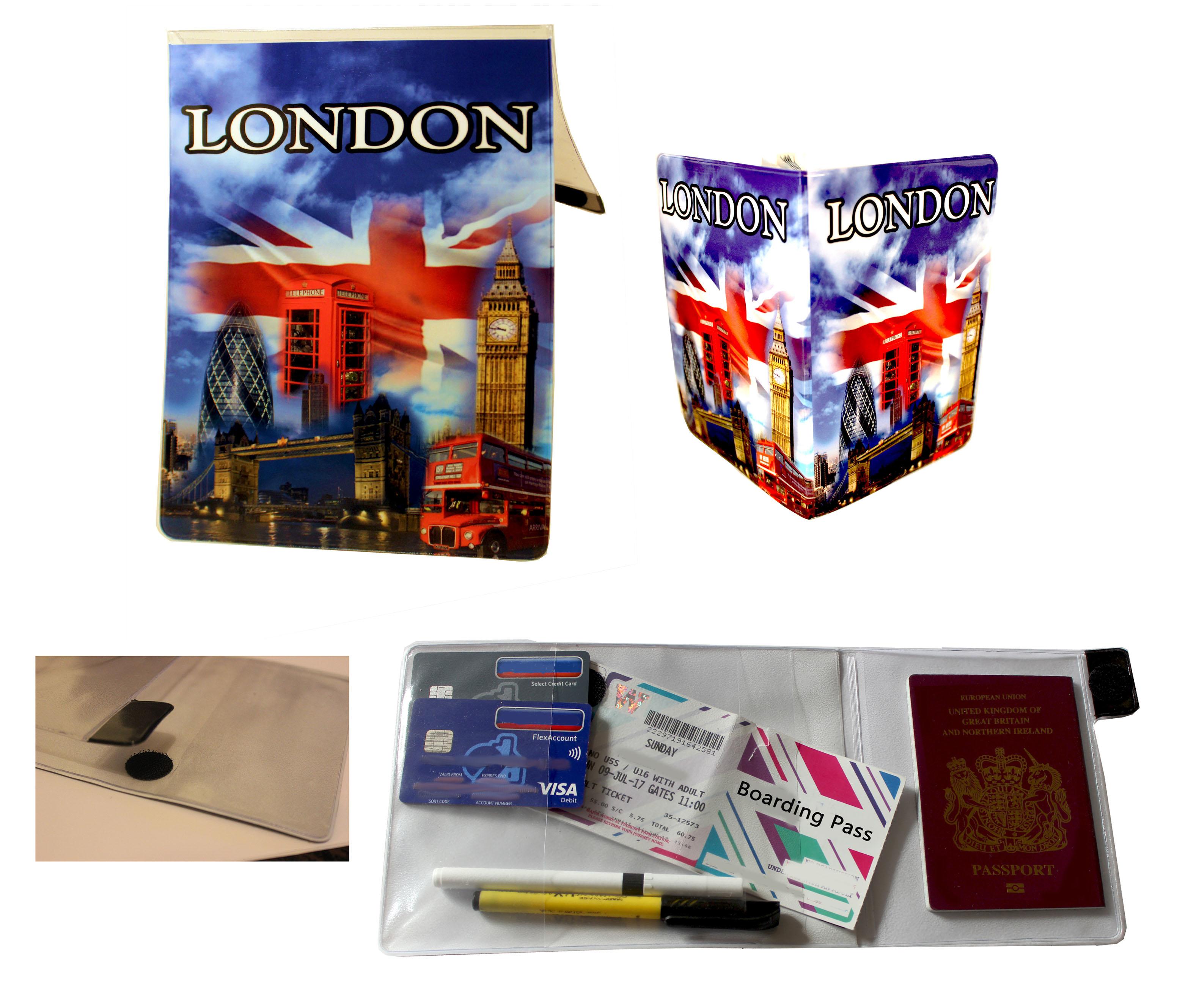 London Montage Document Holder  and Passport Cover Combo Set with writing
