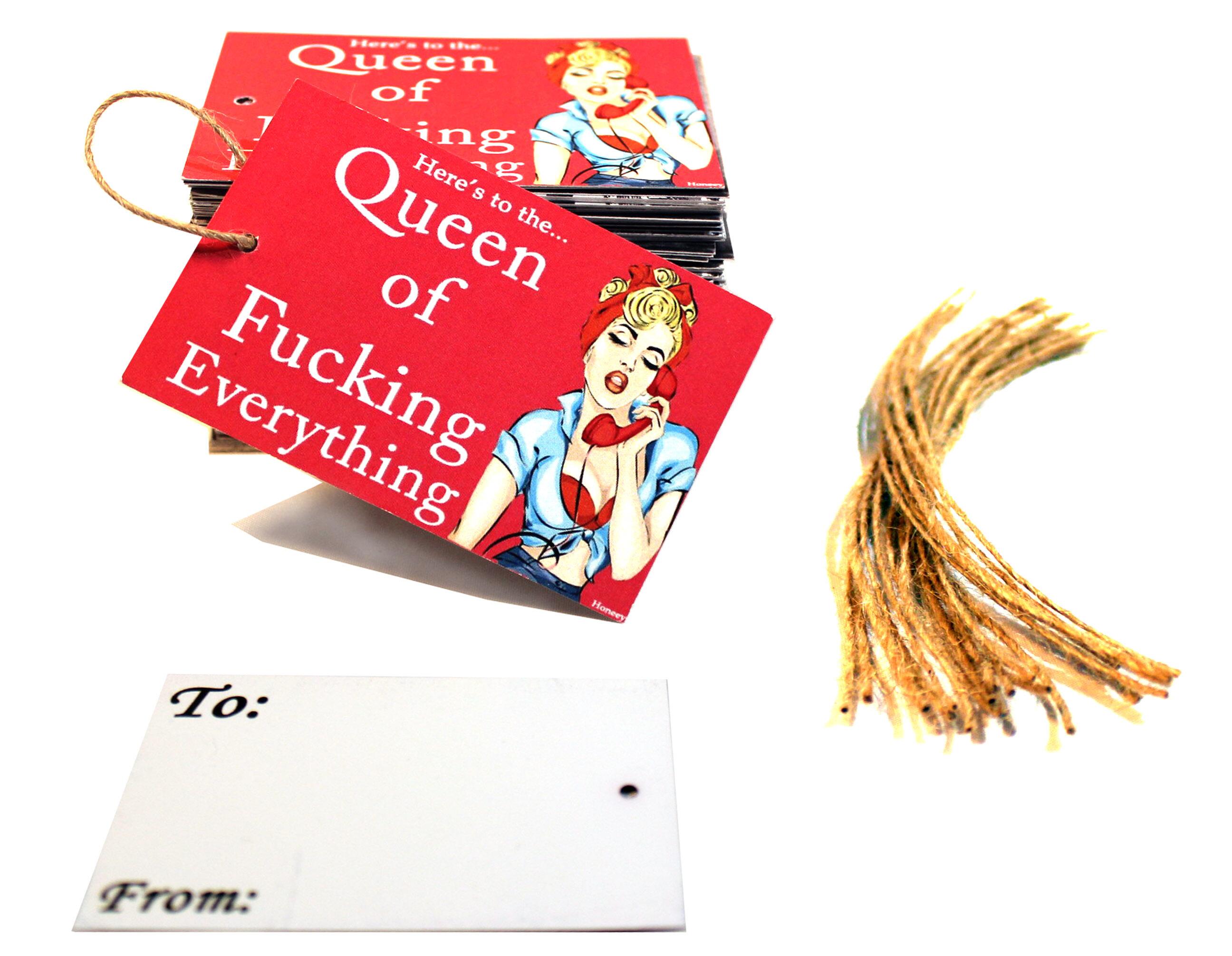 Queen of Fucking Everything Gift Tags stack and reverse shown