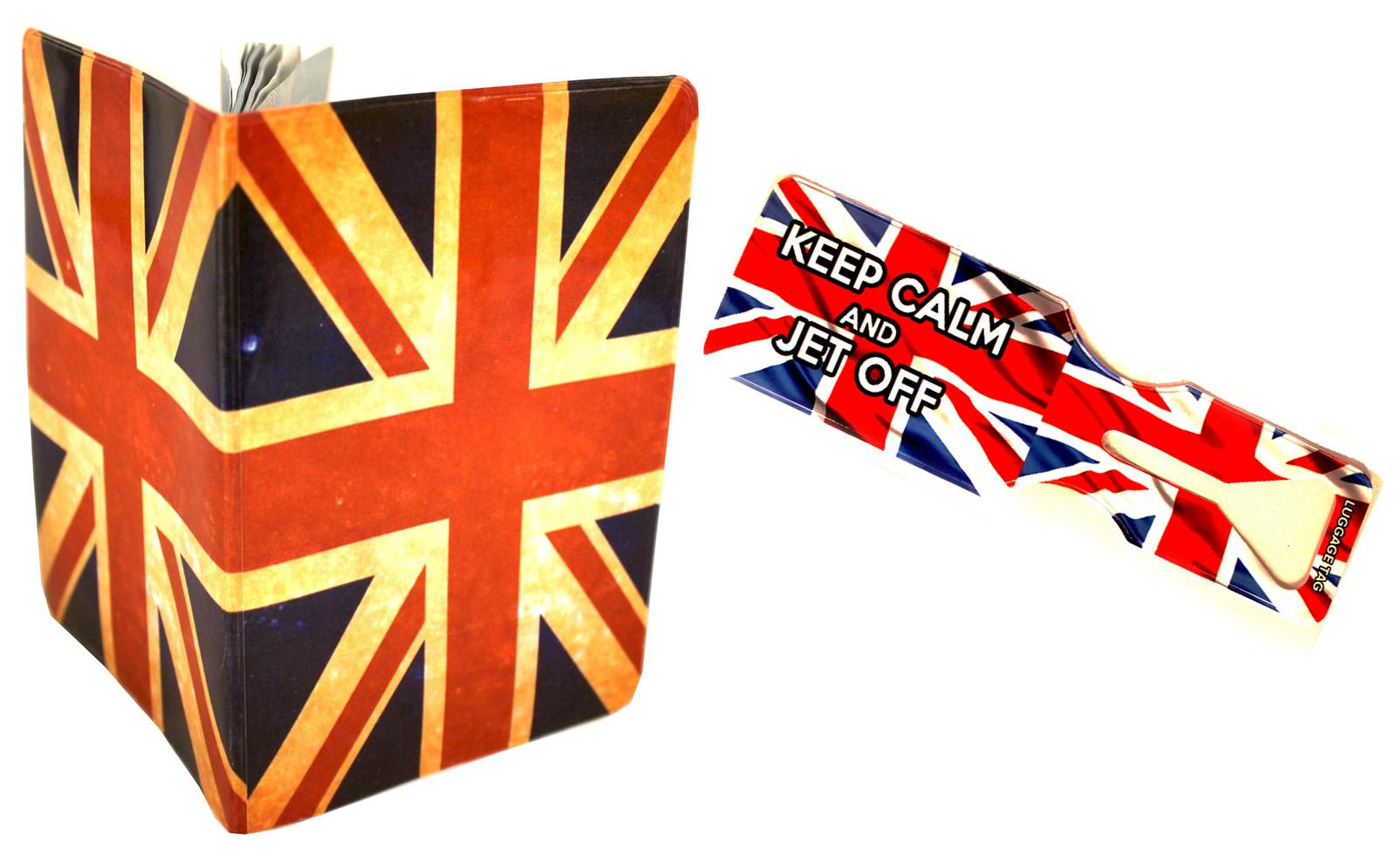 Union Jack Vintage and Keep Calm Union Jack Passport Cover and Luggage Tag Set annotated