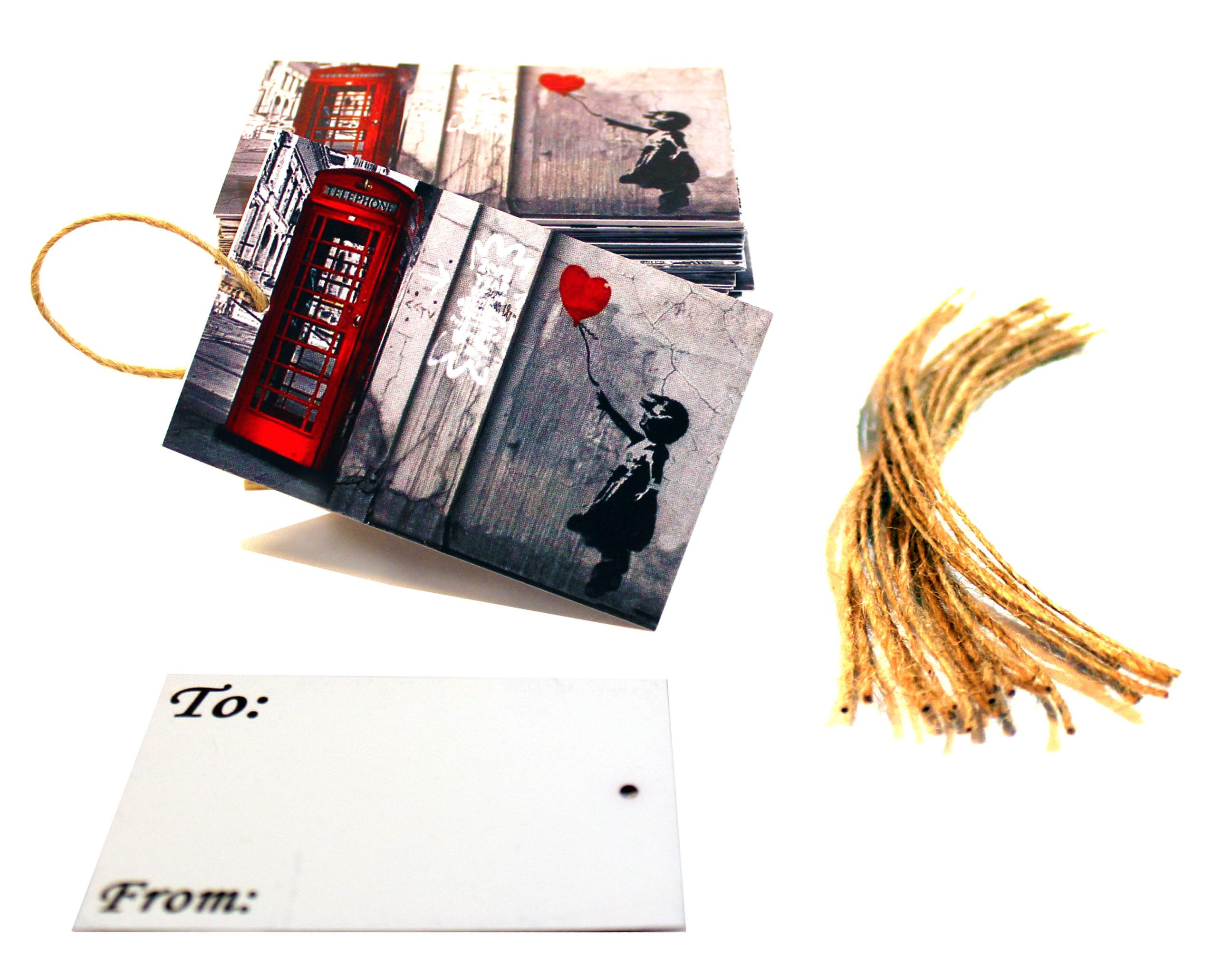 Banksy Telephone Box Gift Tags stack and reverse shown