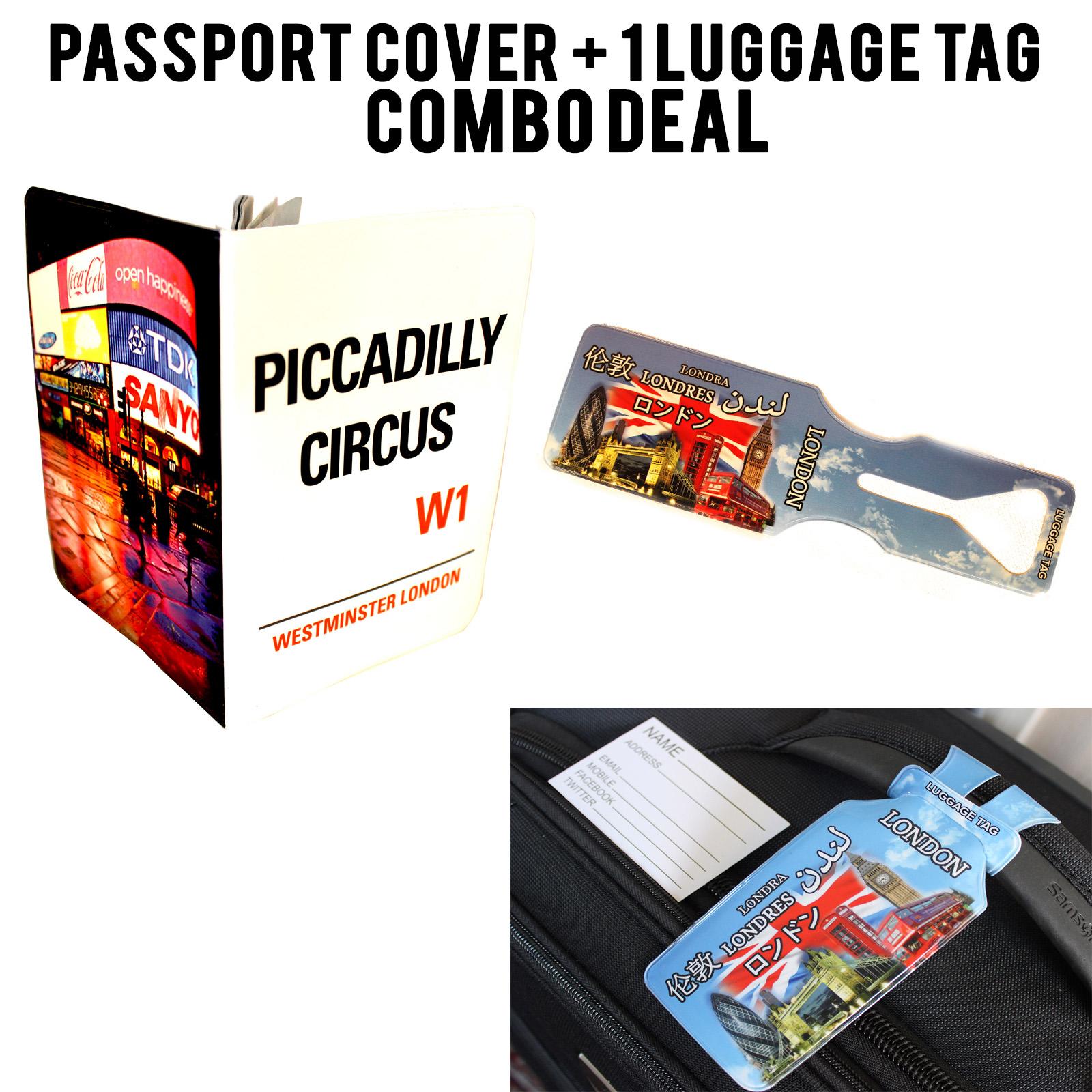 Piccadilly Circus and London Montage Passport Cover and Luggage Tag Set annotated