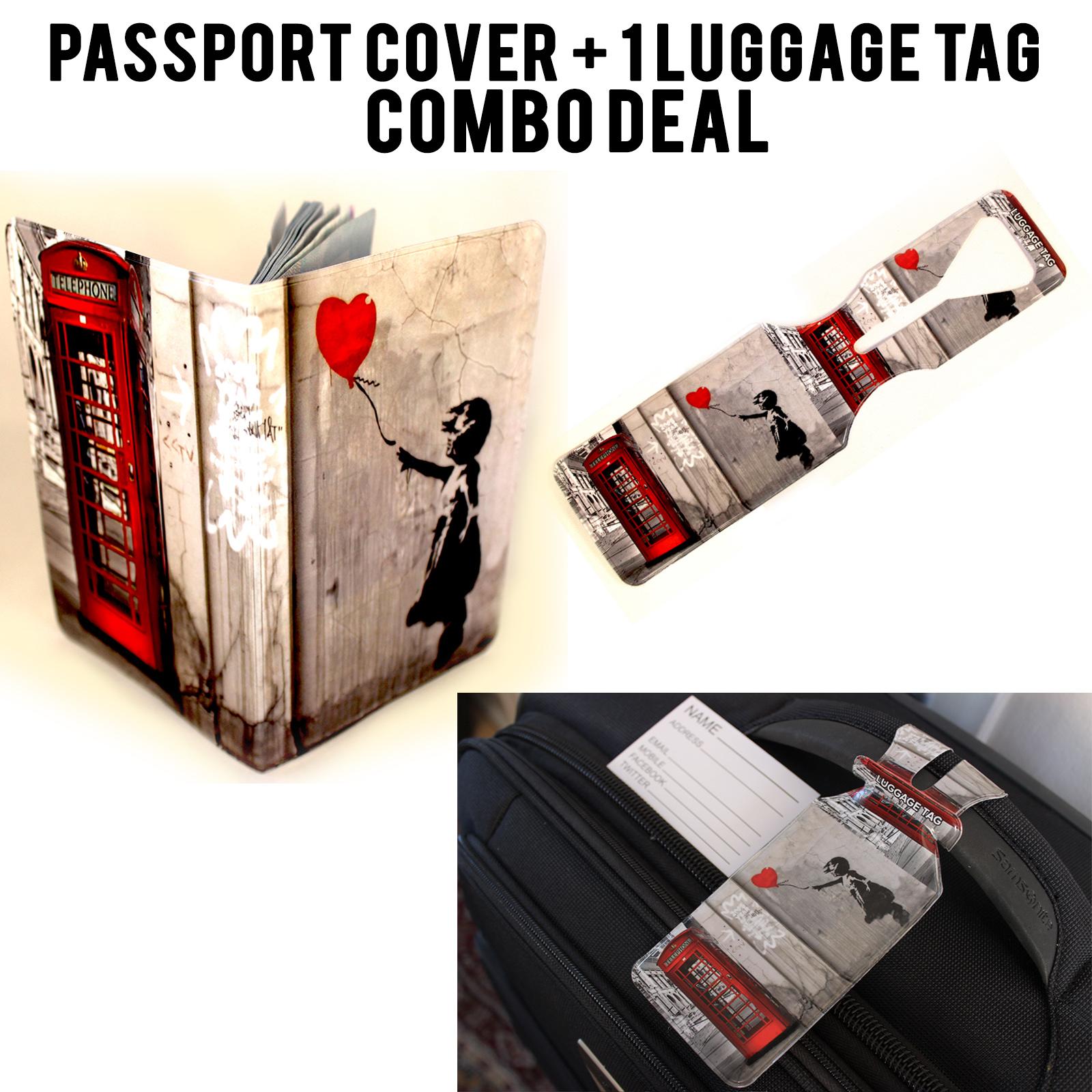Banksy Telephone Box Passport Cover and Luggage Tag Set annotated