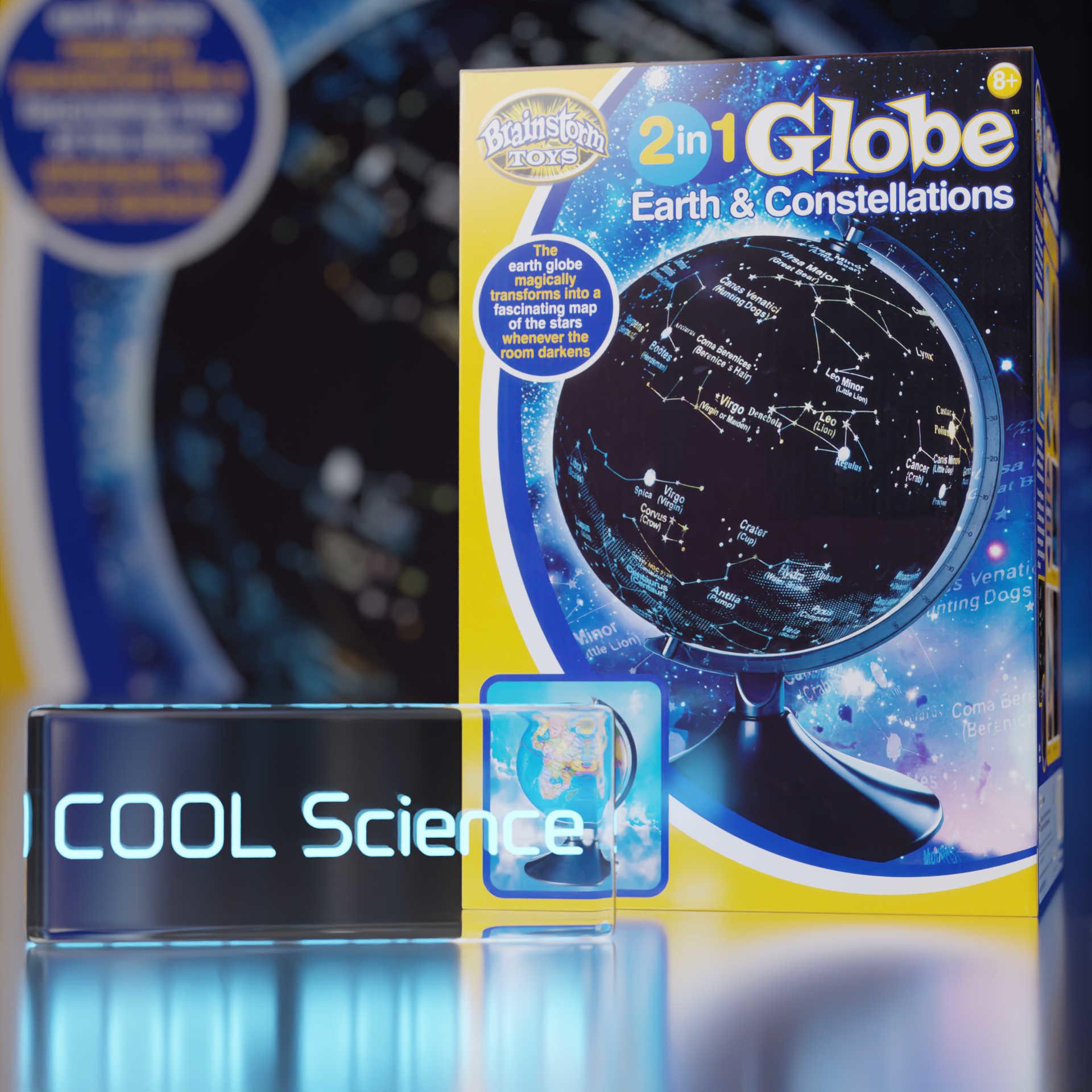 Right Side View of the Brainstorm Toys 2 in 1 Globe Earth & Constellations box shows a picture of the Globe star map