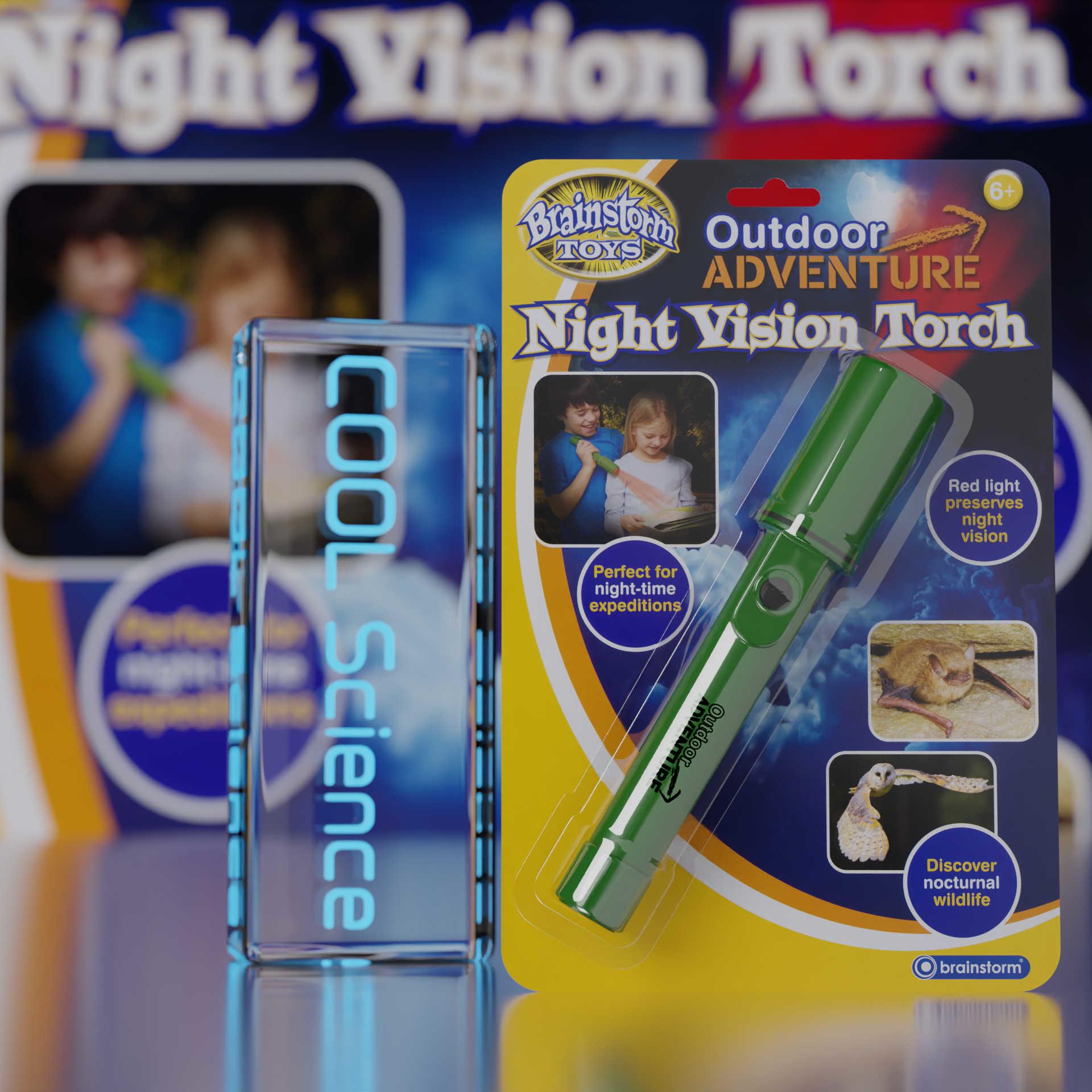 Close-Up Front View of the Brainstorm Outdoor Adventure Night Vision Torch on it’s backing card