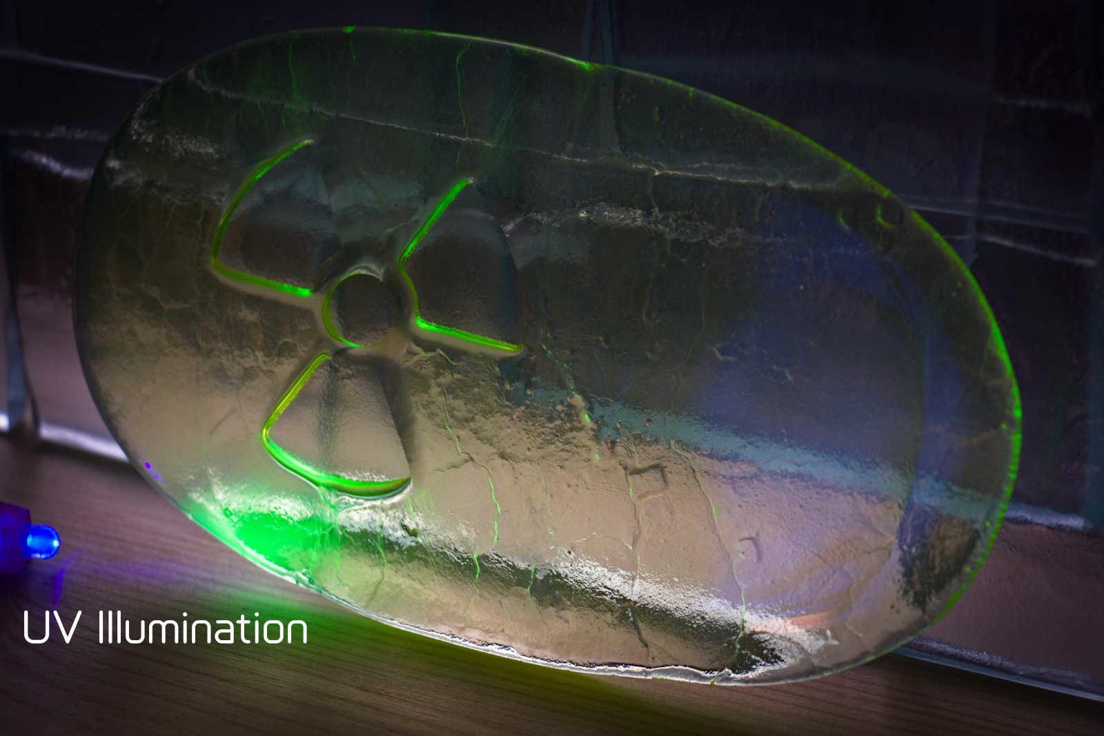 Uranium glass display piece under UV Light