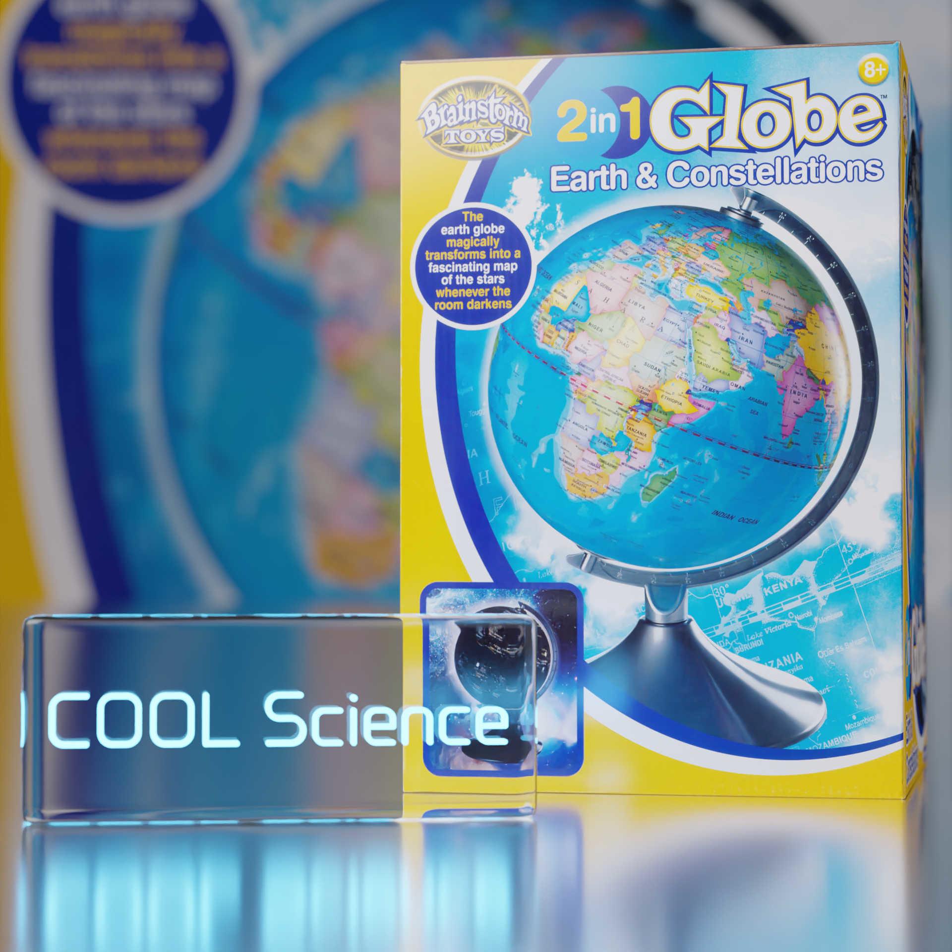 Left Side View of the Brainstorm Toys 2 in 1 Globe Earth & Constellations box shows a picture of the Globe earth map