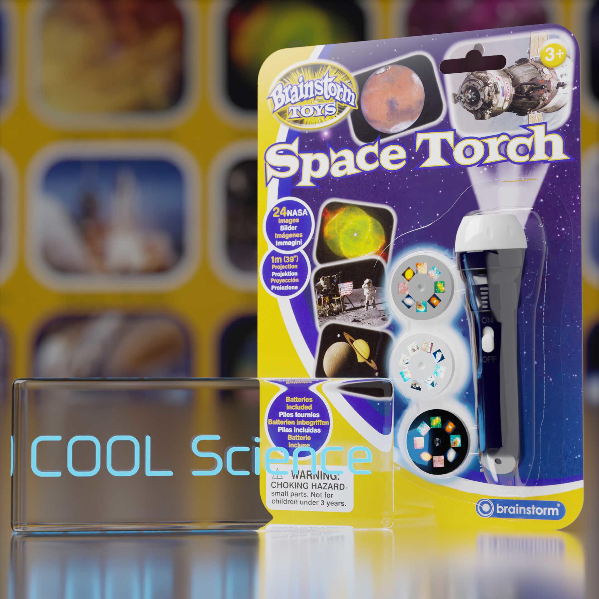 Front View of the Brainstorm Toys SpaceTorch and Projector on it’s backing card