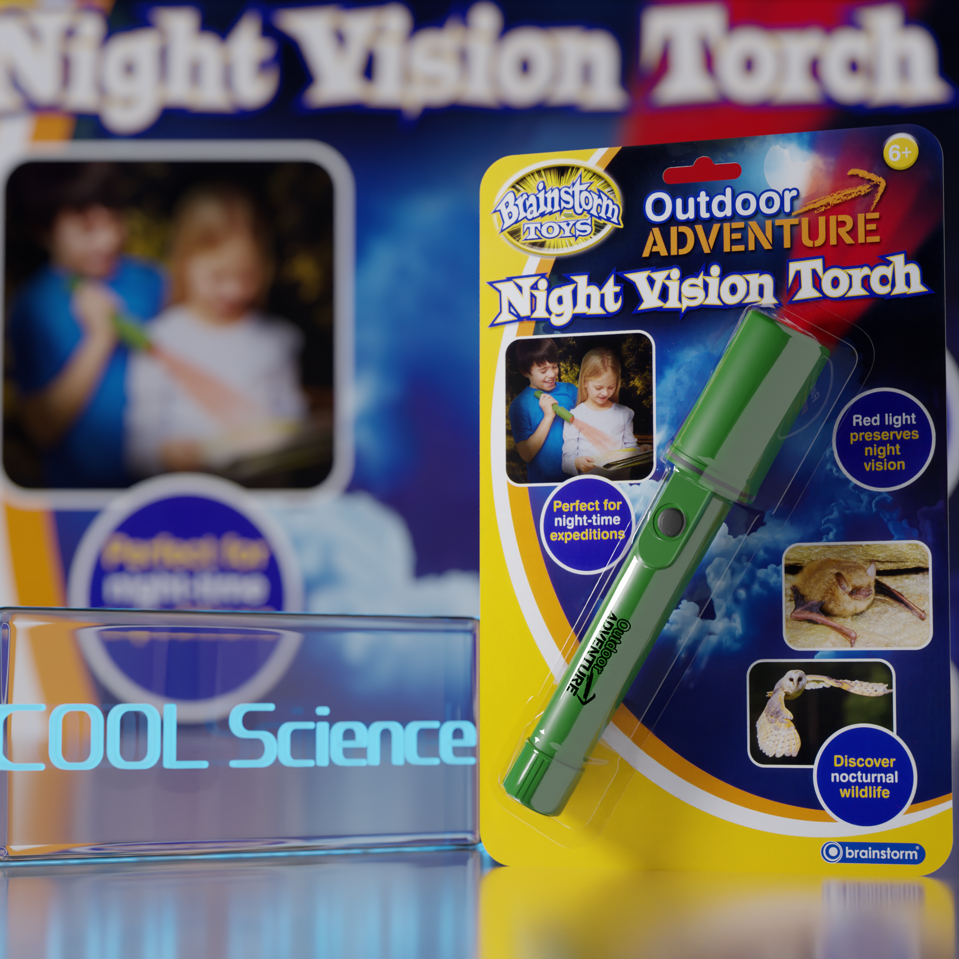 Front View of the Brainstorm Outdoor Adventure Night Vision Torch on it’s backing card