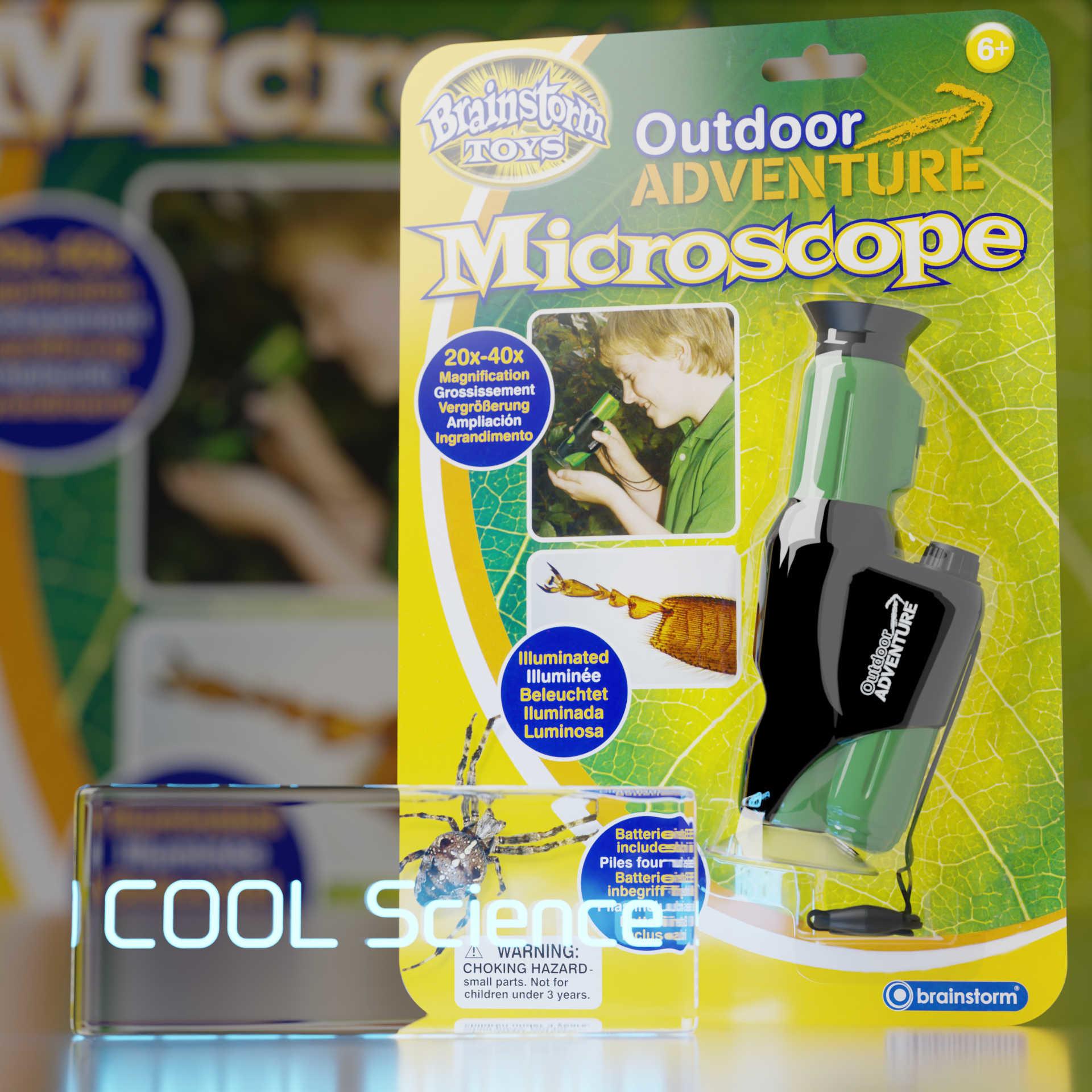 Front View of the Brainstorm Outdoor Adventure Microscope on it’s backing card