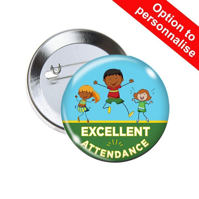 School Badges | Excellent Attendance, Classroom Friends Design Pin Badges for Schools x 10.