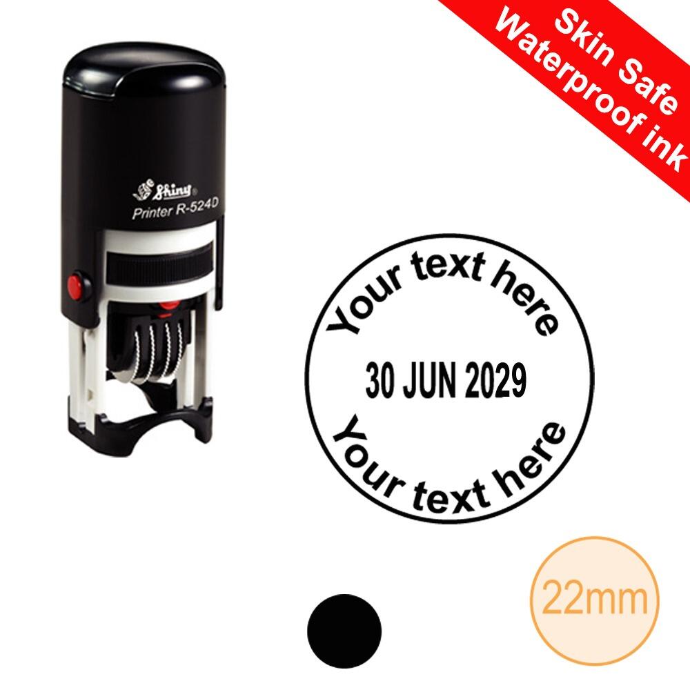 Waterproof Ink Stamp | Round Custom Date, Skin Safe, Hand Stamp. Black Ink. 22mm Personalised