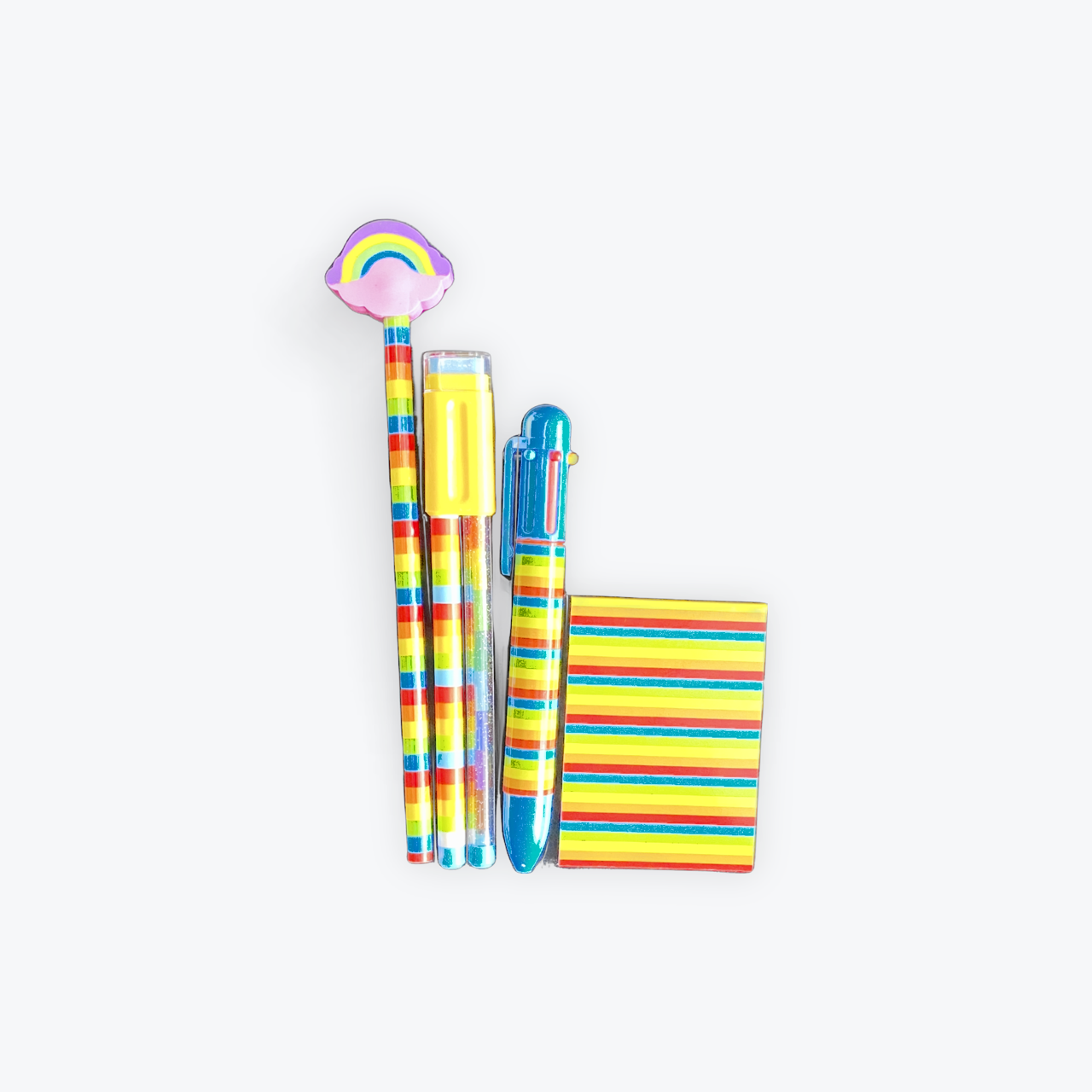 Low Cost Stationery | Rainbow Stripes Stationery Set: Pencil Case & 5 Rainbow Stationery Items