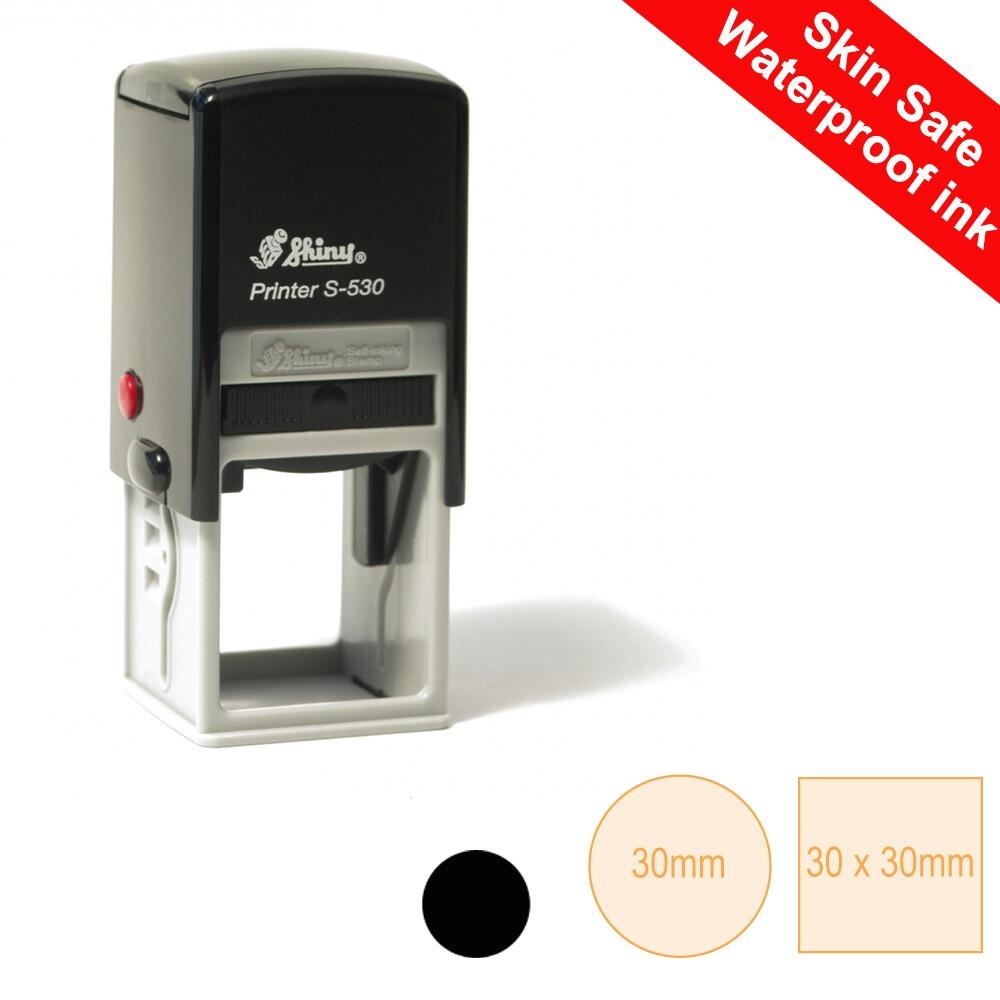 Waterproof Ink Stamper | Skin Safe, Hand Custom Stamp. Black Ink. 30mm. Options for Images/Text
