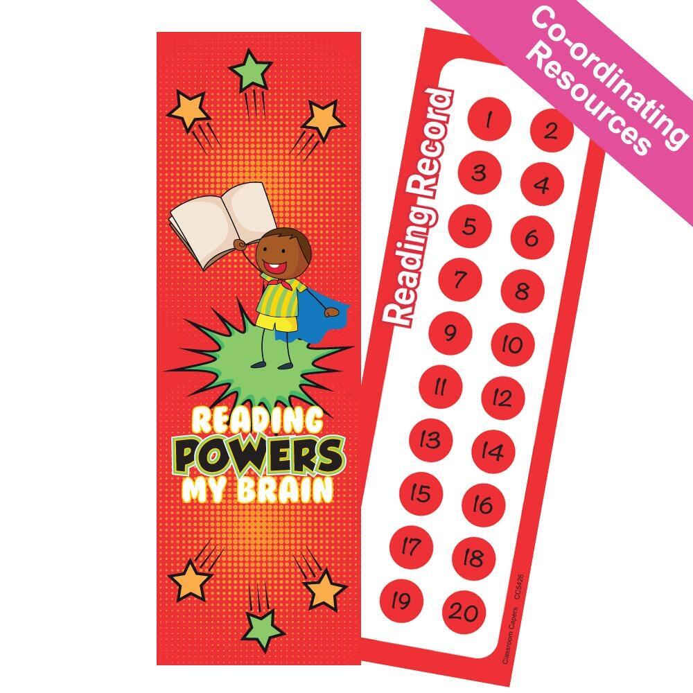 Reading Charts | Reading Powers my Brain - Superhero Reading Record/Chart Bookmarks. Class Pack