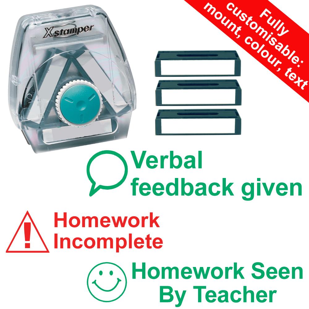 School Twist Stampers | Homework: Incomplete, Seen By Teacher, Verbal feedback given - 3-in-1 Twist N Stamp Set - 40x14mm