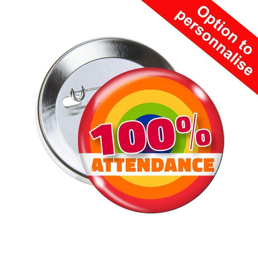 School Badges | 100% Attendance, Colourful Design, Award Pin Badges for Schools x 10.