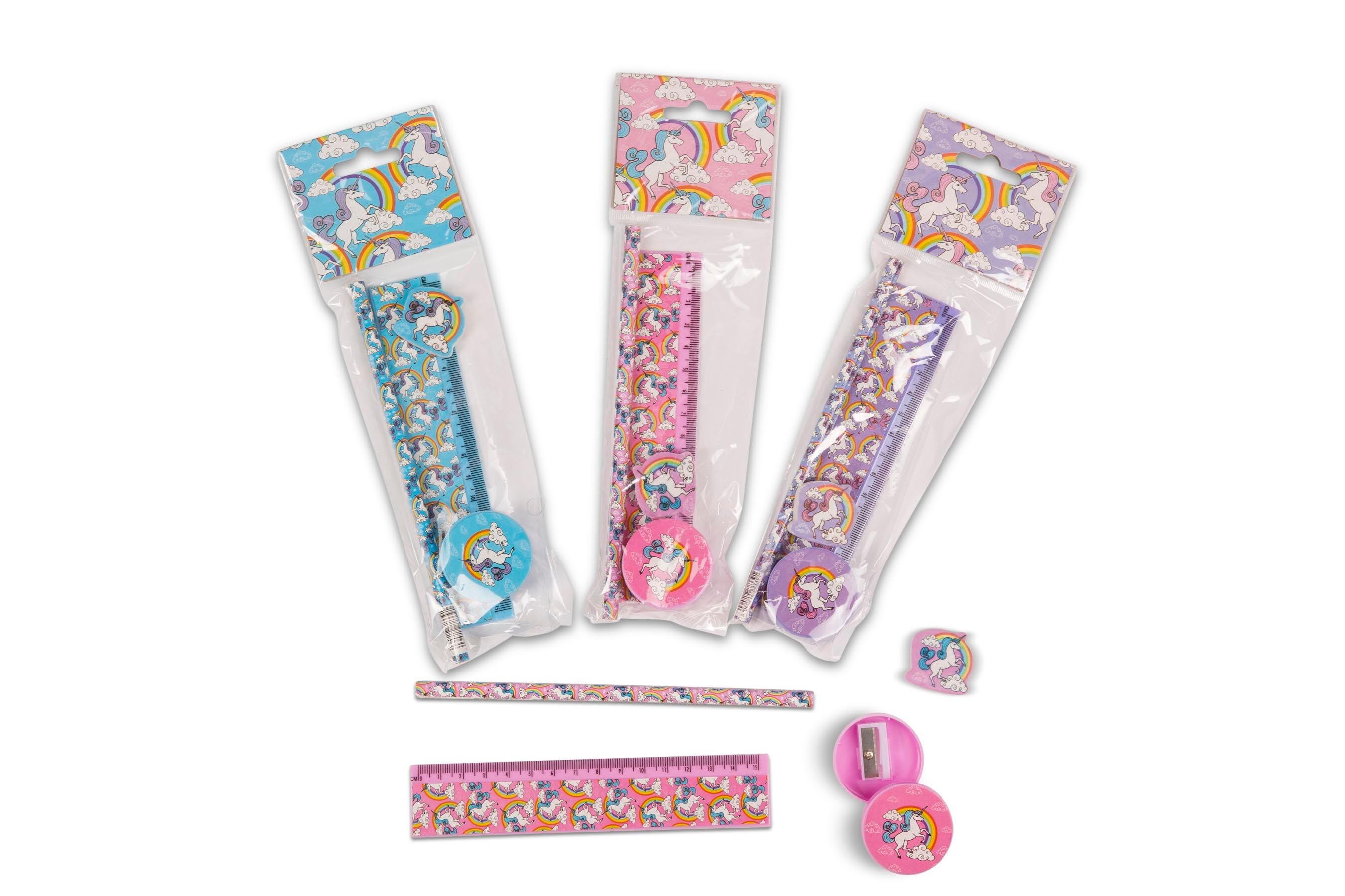 Low Cost Stationery Sets | Unicorn Design Stationery Gift Set: Ruler, Pencil, Eraser & Sharpener