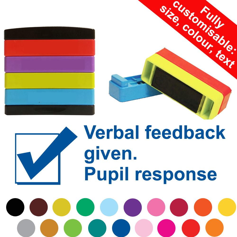 School Stampers | Verbal feedback given. Pupil response Stakz Customisable Layer Teacher Stamp - 44x14mm