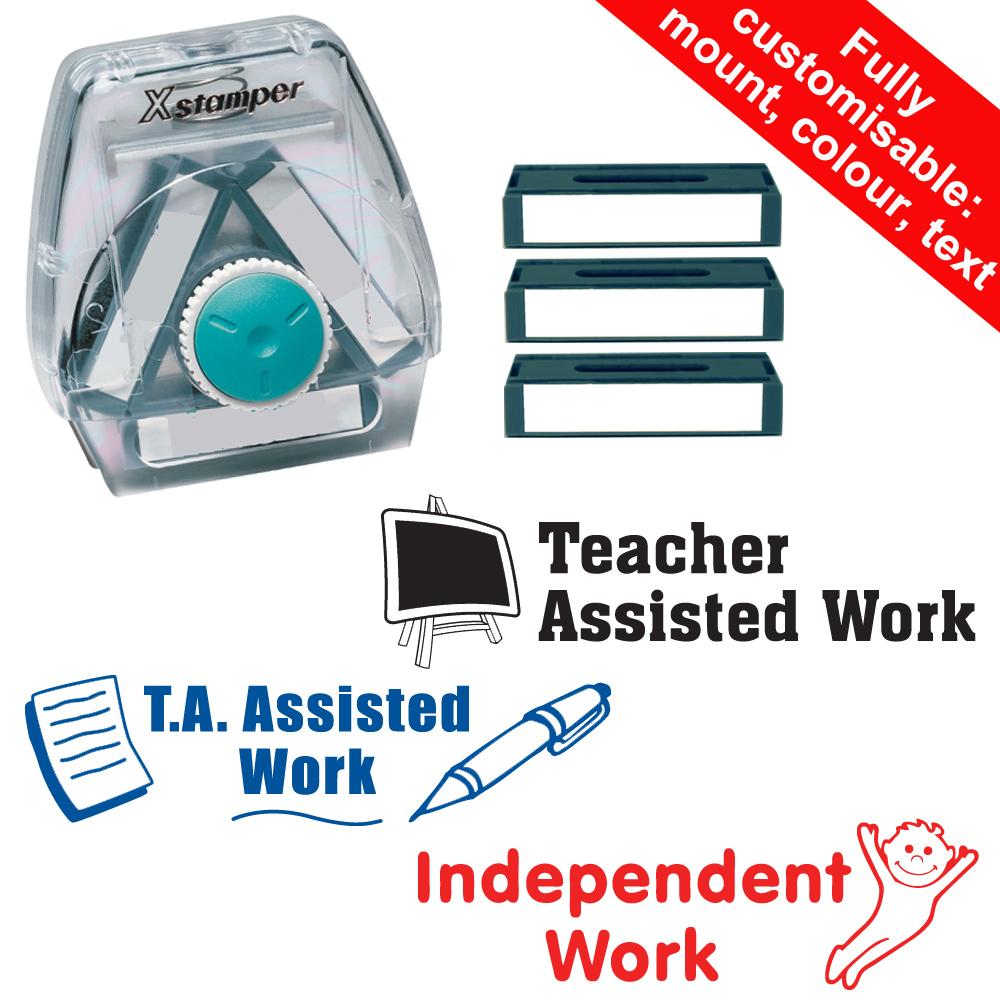 School Stamps | T.A Assisted Work, Teacher Assisted Work, Independent Work - 3-in-1 Twist N Stamp Set - 40x14mm