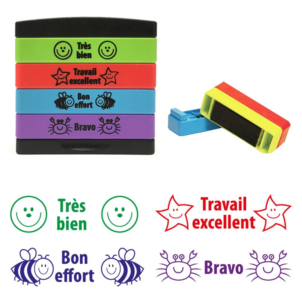 French Teacher Stamp Set |  Bon Travail, Bon Effort, Bravo, Très Bien Stakz 4 Layer Spanish Teacher Stamp - 13x44mm