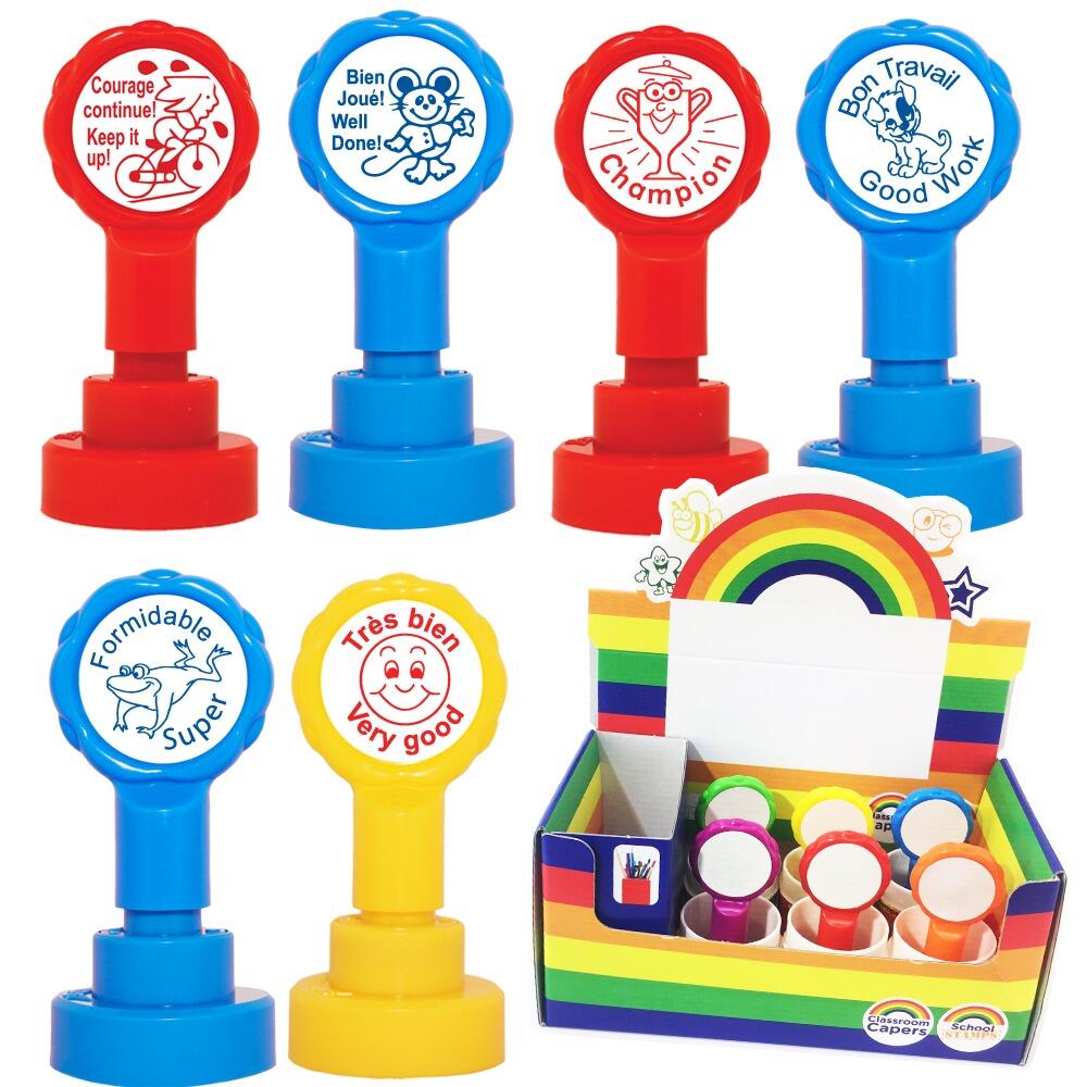 School Stamps | French Language Teacher Stamp Box Set - 6 Self-inking Stamp Set
